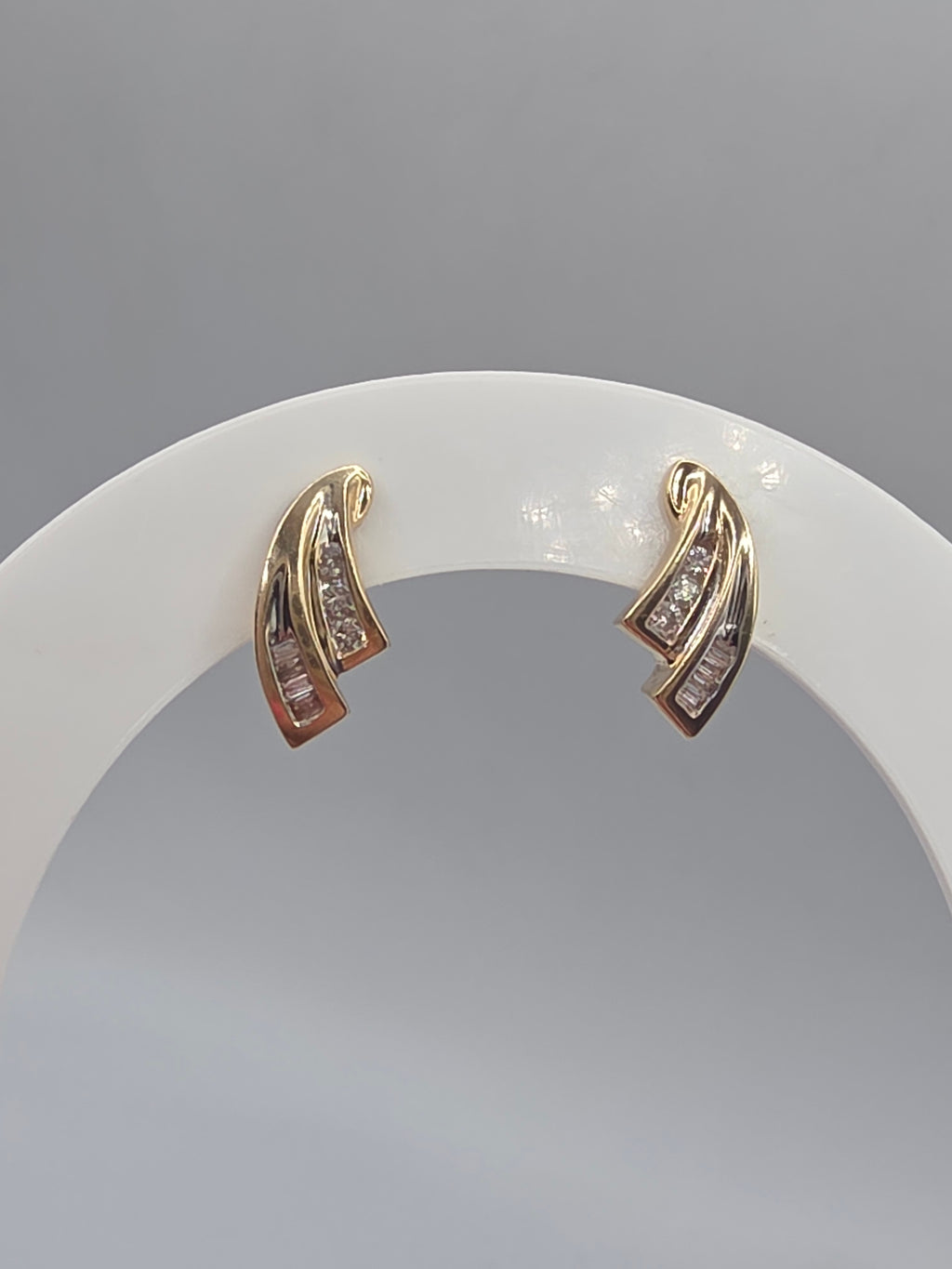Solid 10K Yellow Gold Round & Baguette Diamond Swirl Stud Earrings