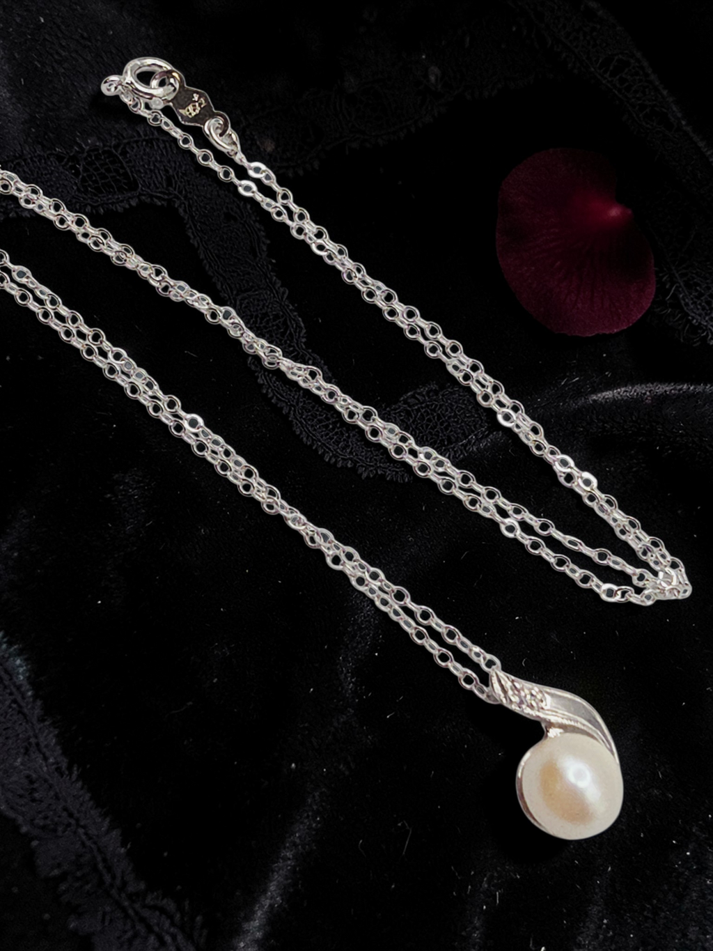 Solid 14K White Gold Necklace with Pearl and Diamond Pendant - 14.5 Inch