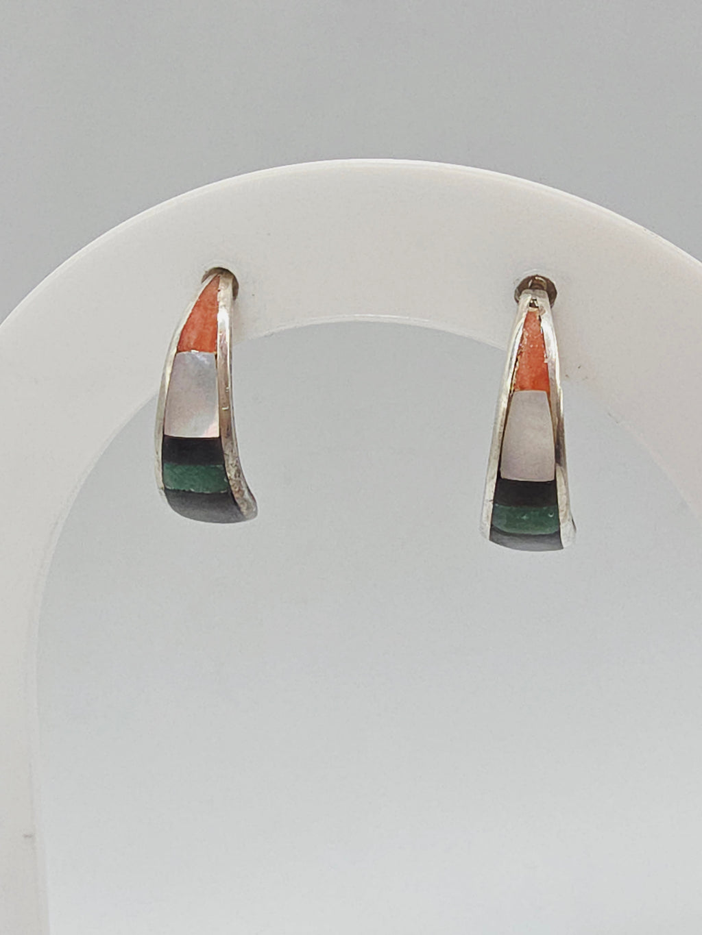 925 Sterling Silver Inlay Earrings Mother of Pearl Enamel Southwest Style