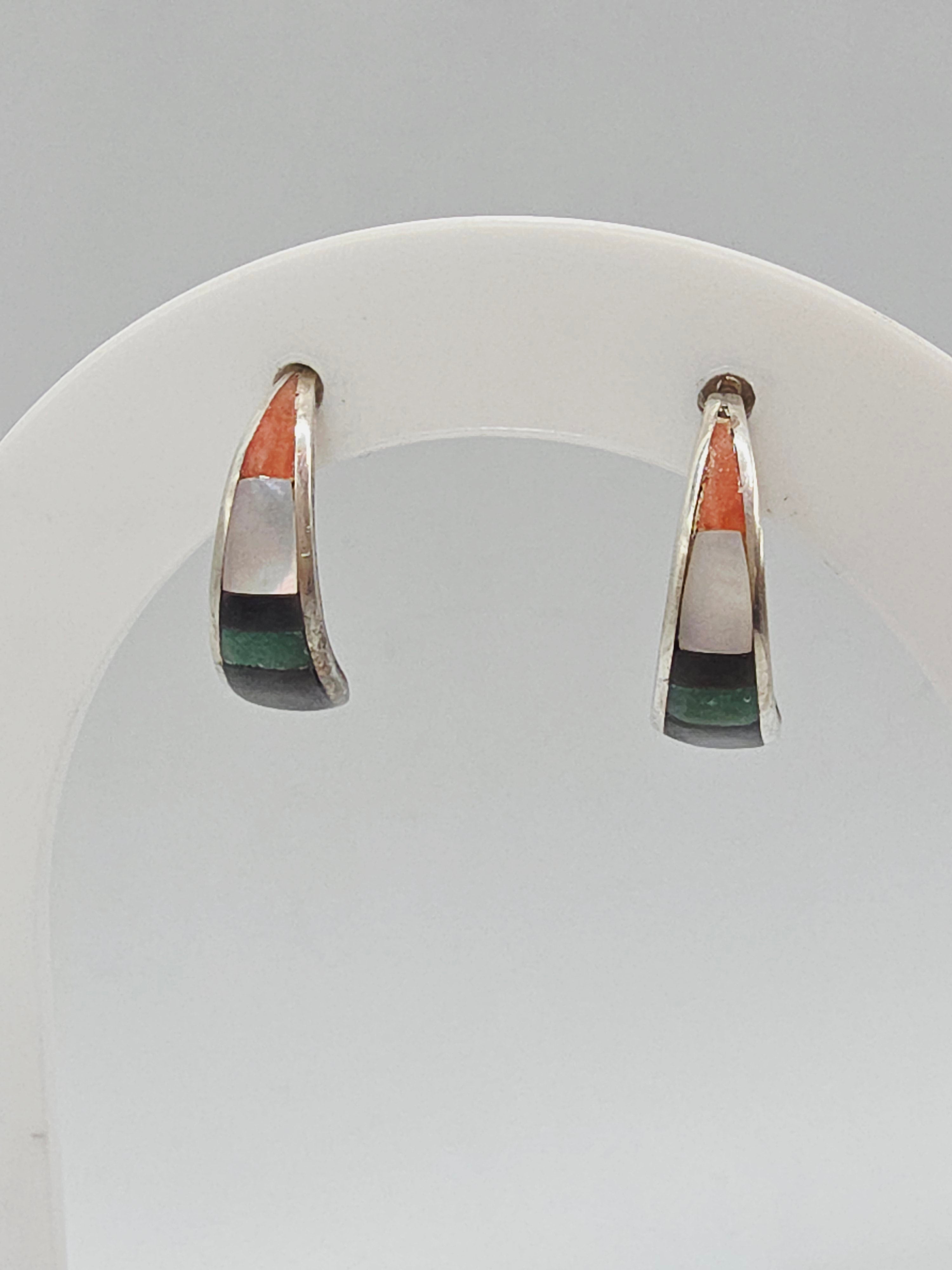 925 Sterling Silver Inlay Earrings Mother of Pearl Enamel Southwest Style
