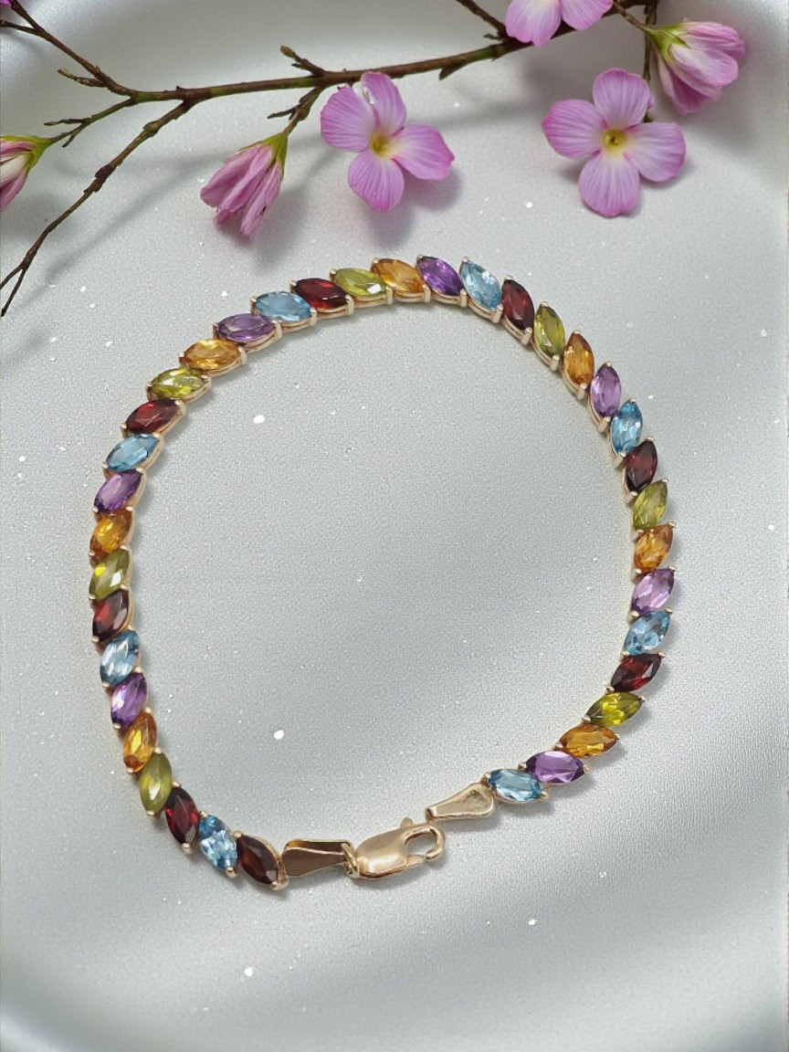 Solid 14K Gold Bracelet with Garnet, Topaz, Citrine, Peridot, Amethyst 7.25 Inch
