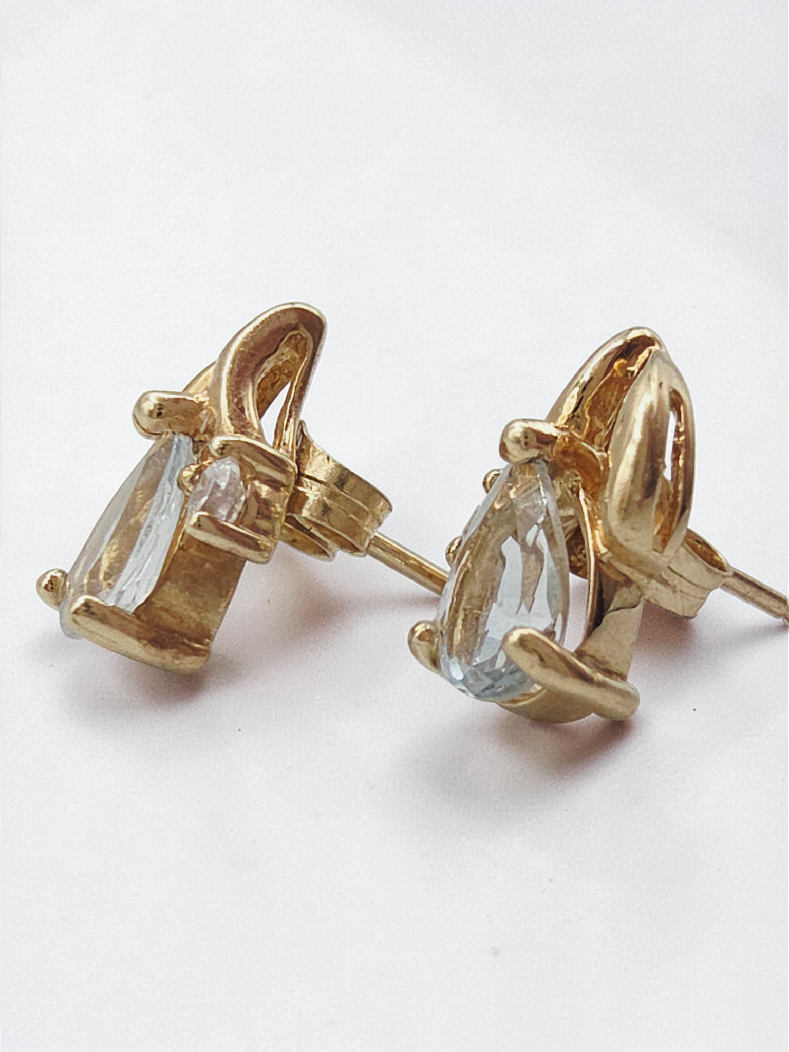 Solid 10K Yellow Gold Pear Cut Aquamarine Stud Earrings with CZ Accent