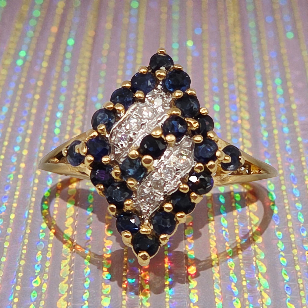 Solid 14K Gold Ring with Sapphires and Diamond Accents – Size 6.75