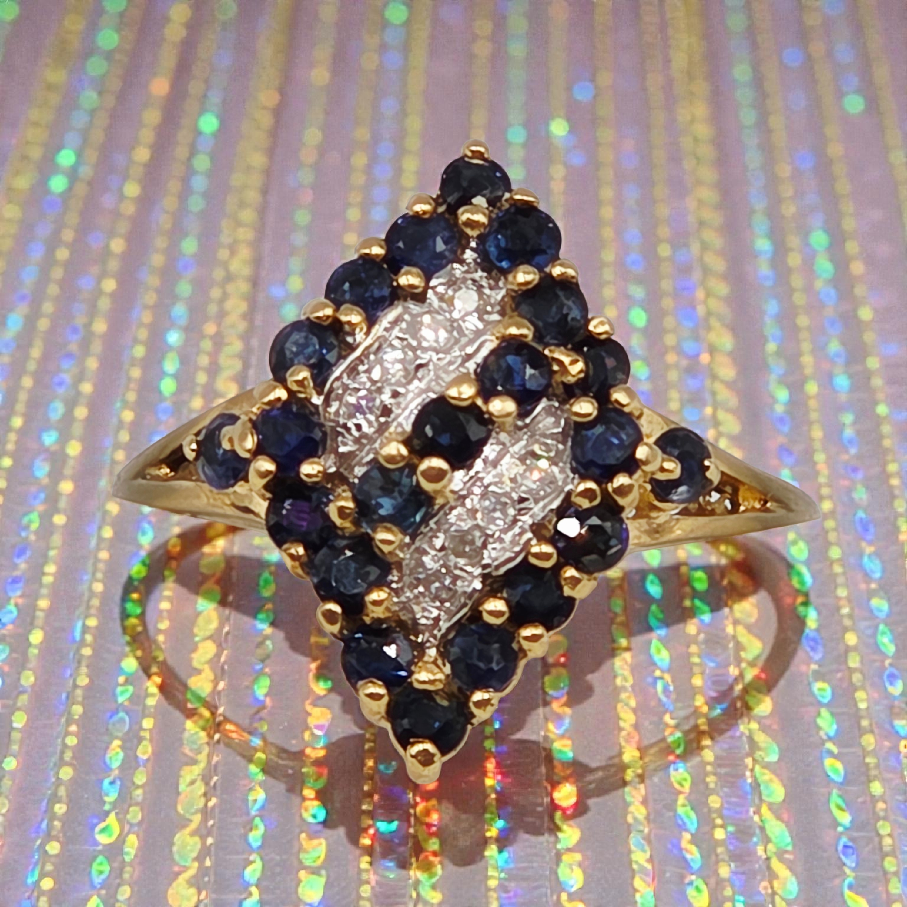 Solid 14K Gold Ring with Sapphires and Diamond Accents – Size 6.75