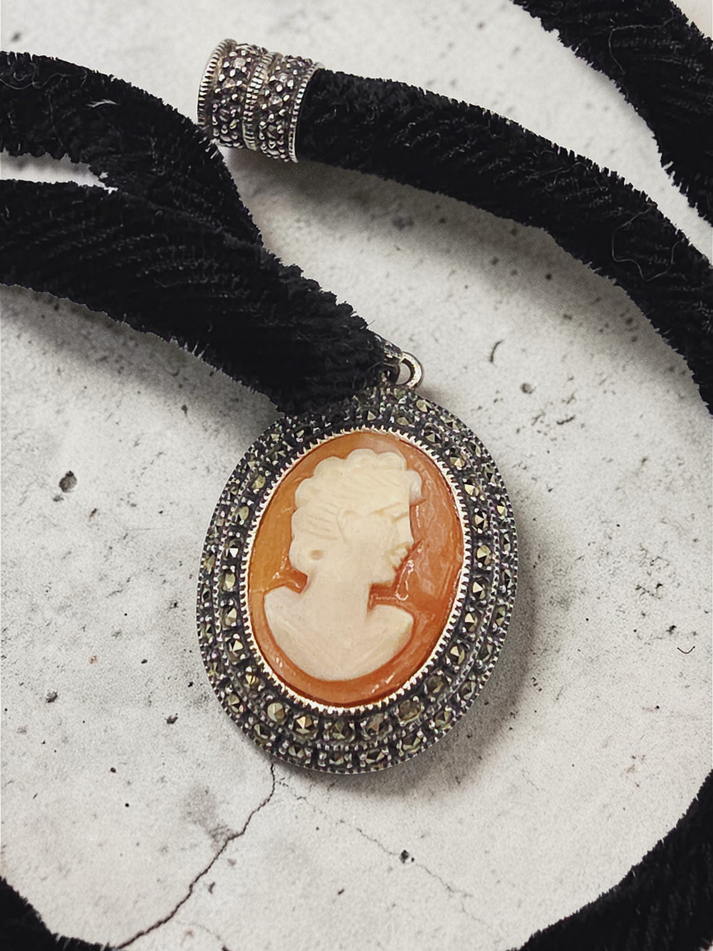 Judith Jack Sterling Silver Marcasite Cameo Pendant Velvet Necklace - Adjustable