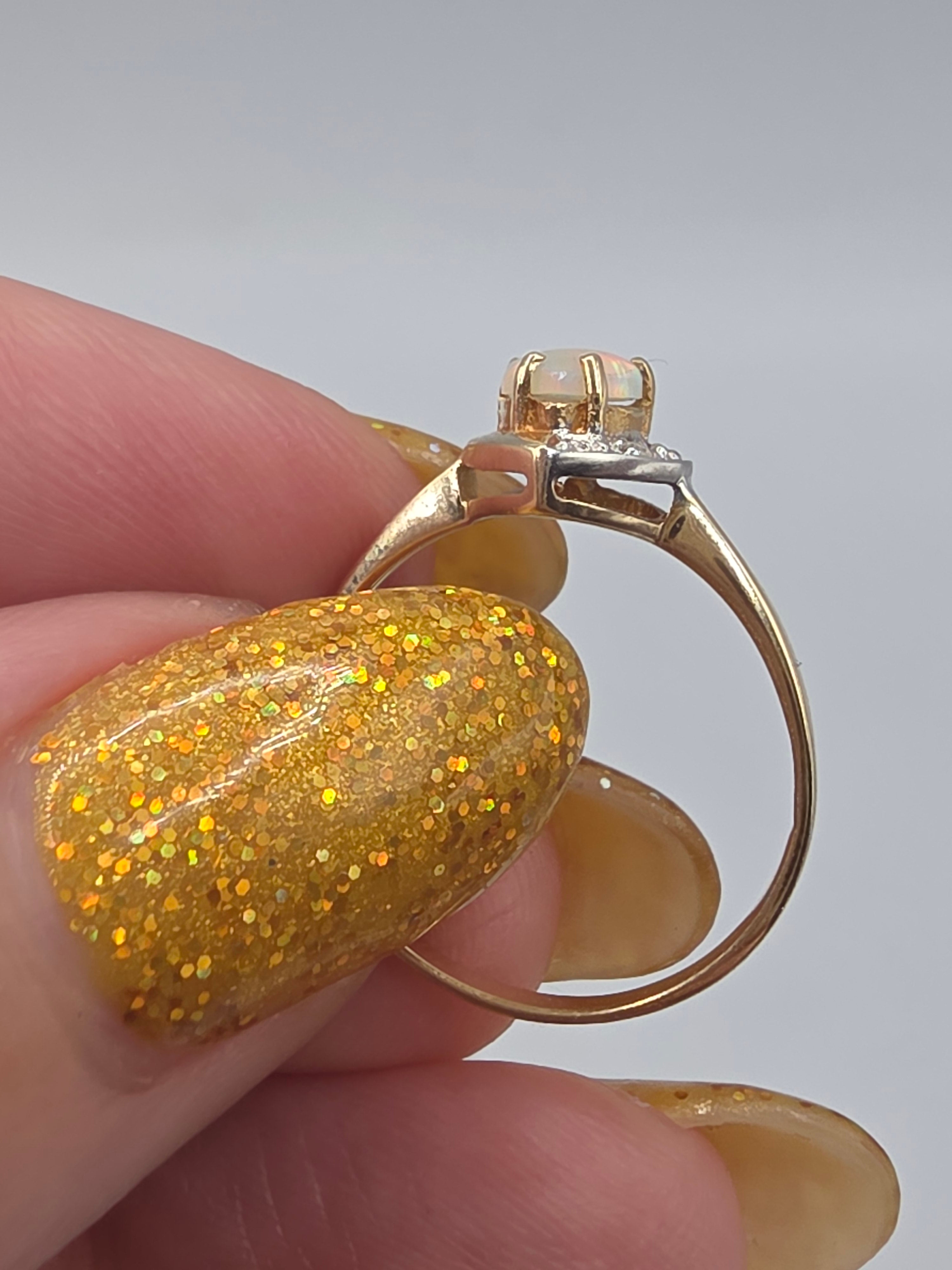 Solid 10K Yellow Gold Heart Cut Opal Ring with Natural Diamond Accents Size 6.25