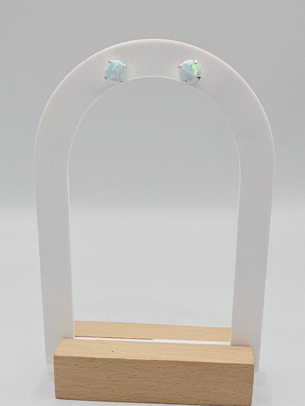 Solid 10K White Gold Opal Stud Earrings Round Cabochon October Birthstone