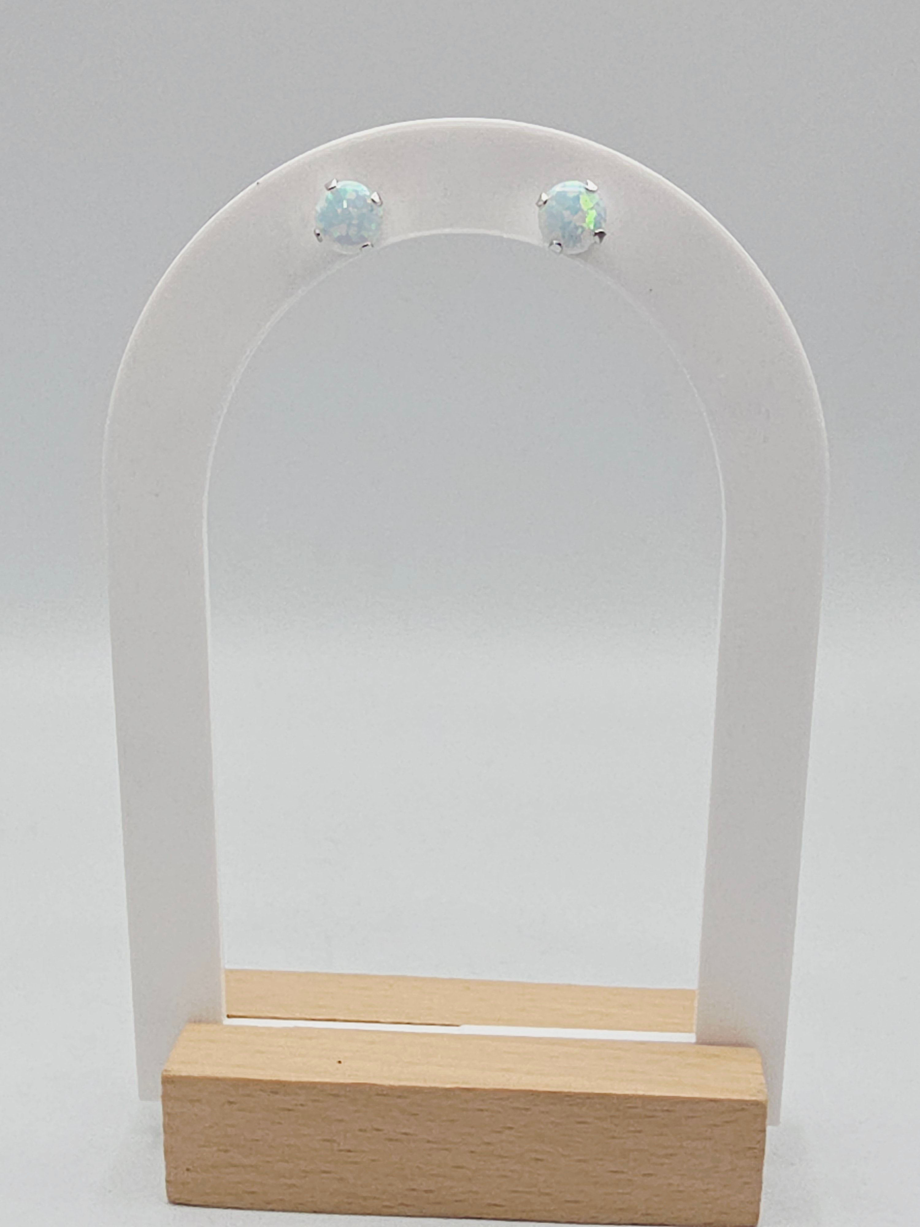 Solid 10K White Gold Opal Stud Earrings Round Cabochon October Birthstone