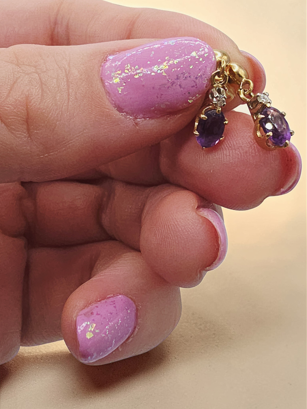 Solid 14K Yellow Gold Amethyst Dangle Drop Earrings with Diamond Accents