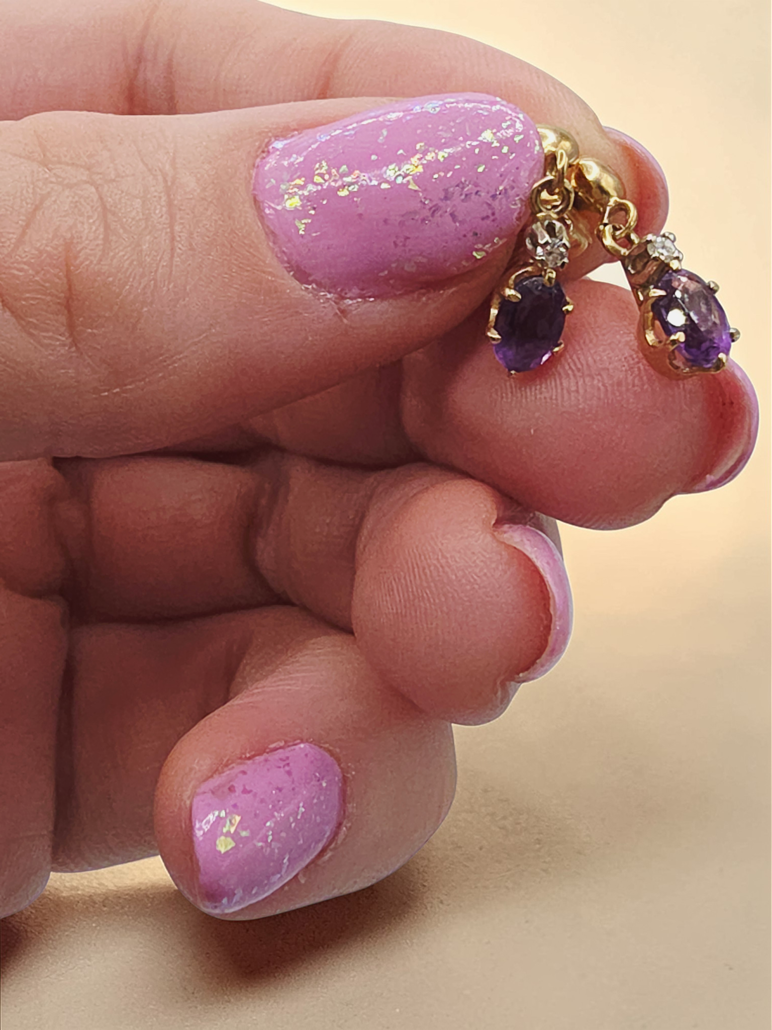 Solid 14K Yellow Gold Amethyst Dangle Drop Earrings with Diamond Accents