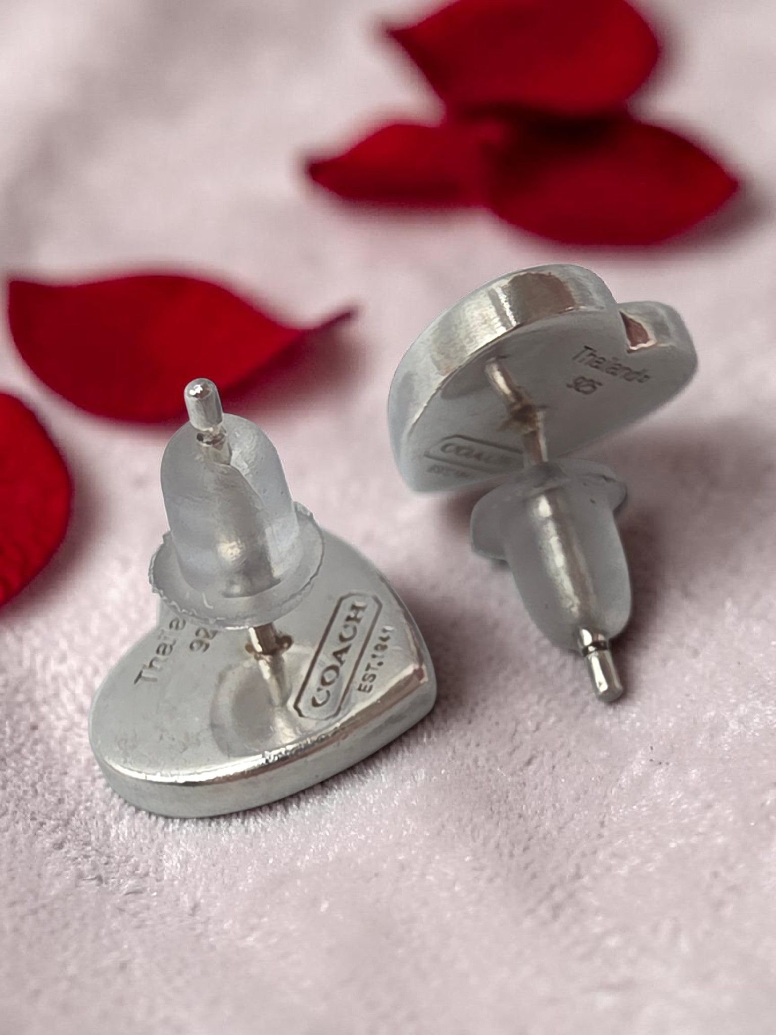 Authentic Rare Vintage Coach Heart Stud Earrings 925 Sterling Silver
