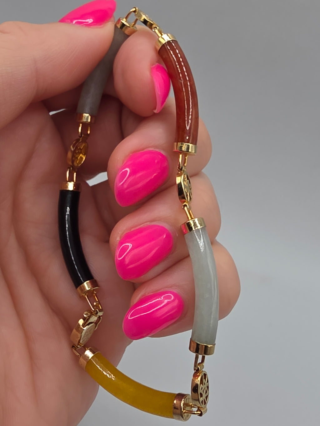 Rainbow Multi Color Jade Sterling Silver 18K Gold Vermeil Bracelet 8 Inch