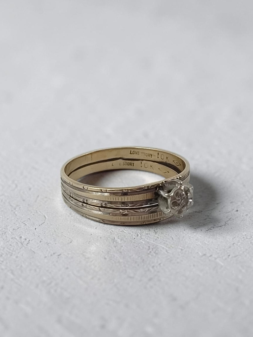 Vintage Love Story Solid 10K Two Tone Gold Diamond Bridal Wedding Ring Set Sz 7