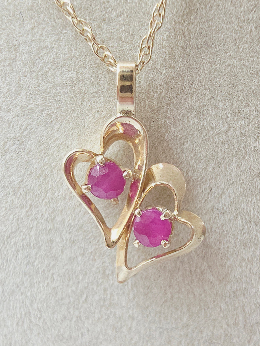 Solid 14K Yellow Gold Double Ruby Heart Pendant Necklace - 18 Inch