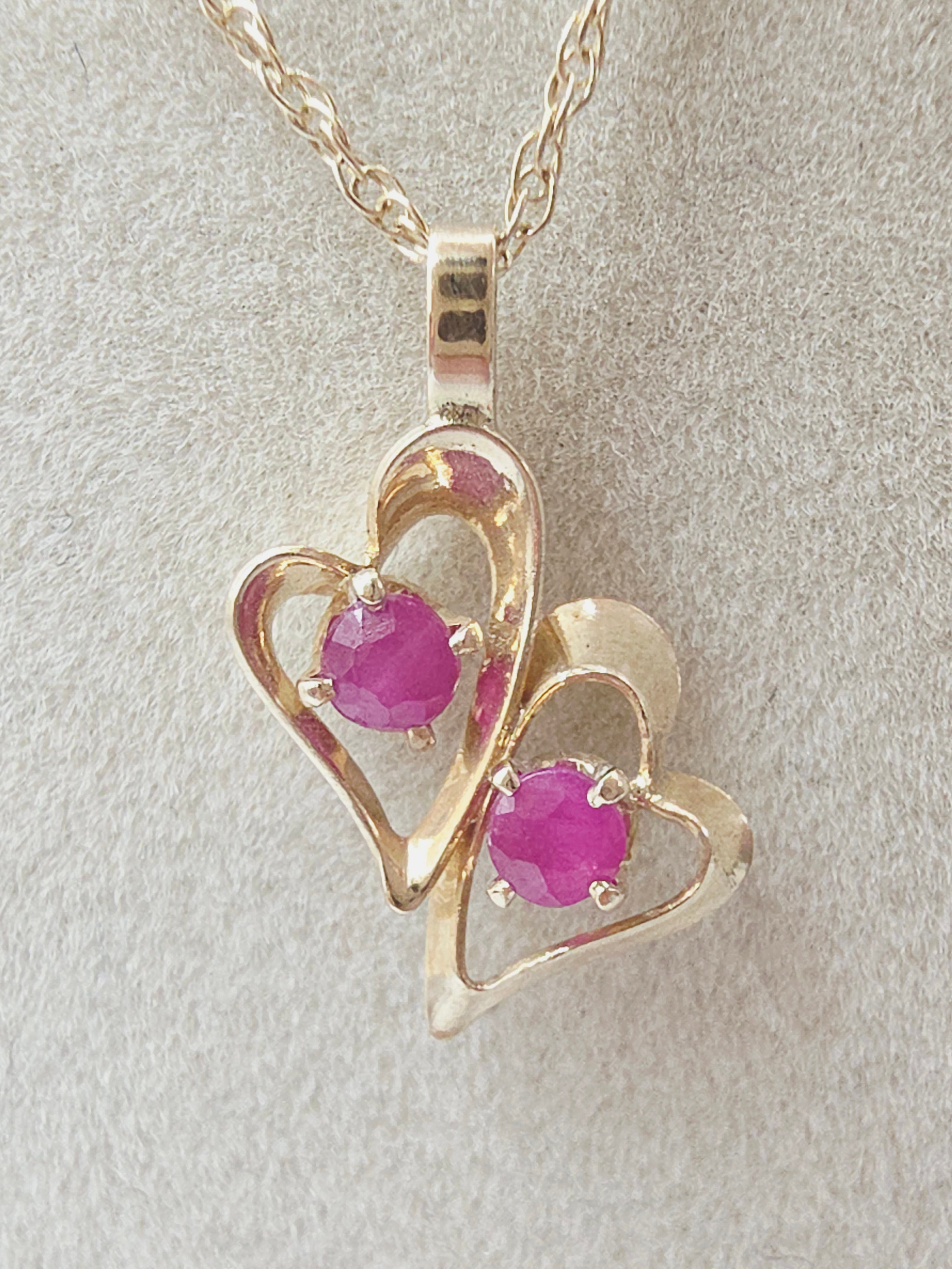 Solid 14K Yellow Gold Double Ruby Heart Pendant Necklace - 18 Inch