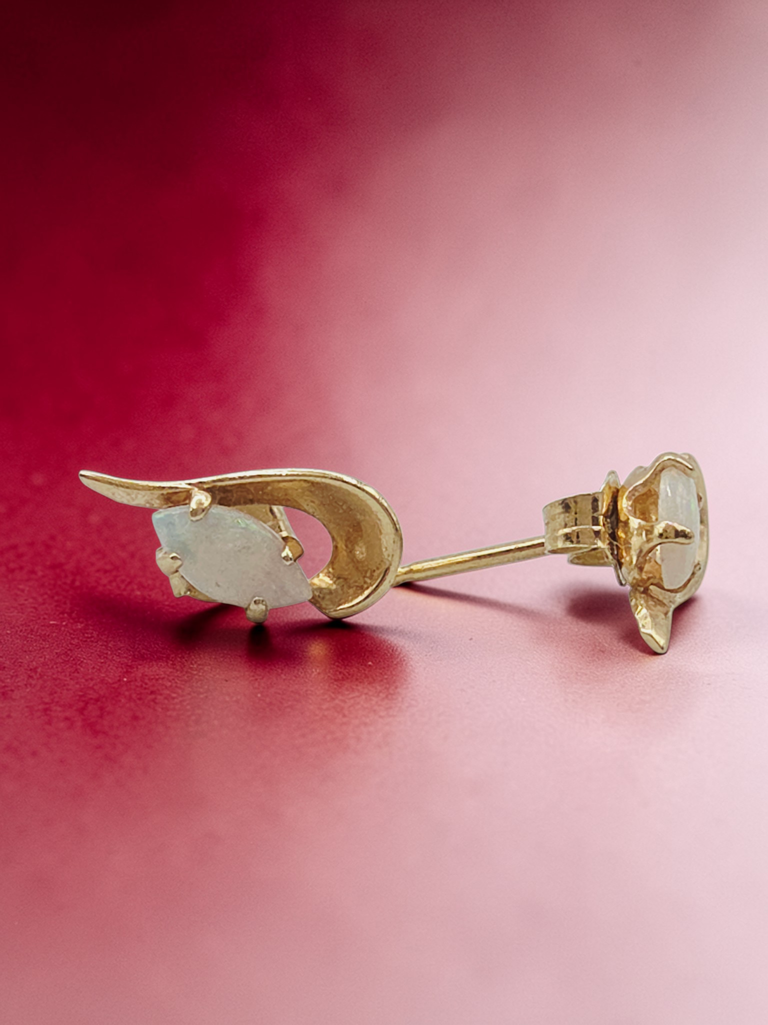 Vintage Solid 14K Yellow Gold Marquise Cut Opal Stud Earrings