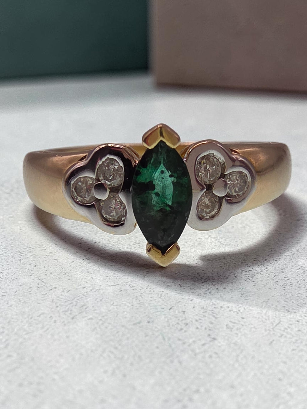 Vintage Black Hills Gold CCO Solid 14K Marquise Emerald Diamond Ring Size 6.75