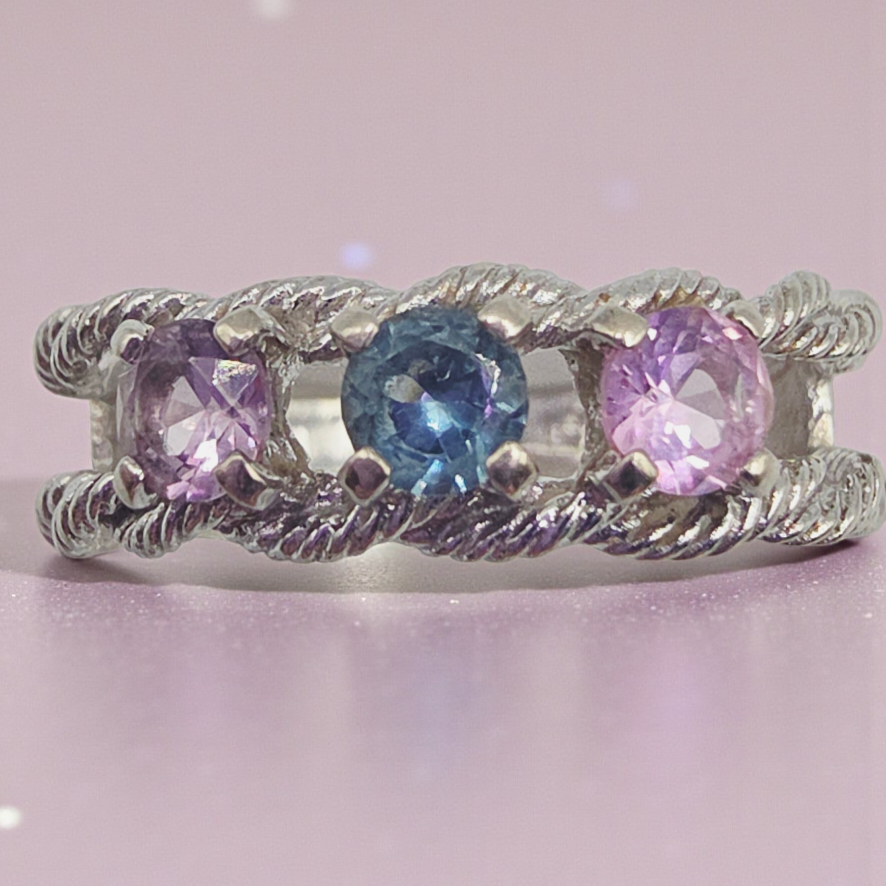 Solid 10K Gold Ring with Blue Spinel, Pink Topaz and Imperial Topaz - Size 7.5