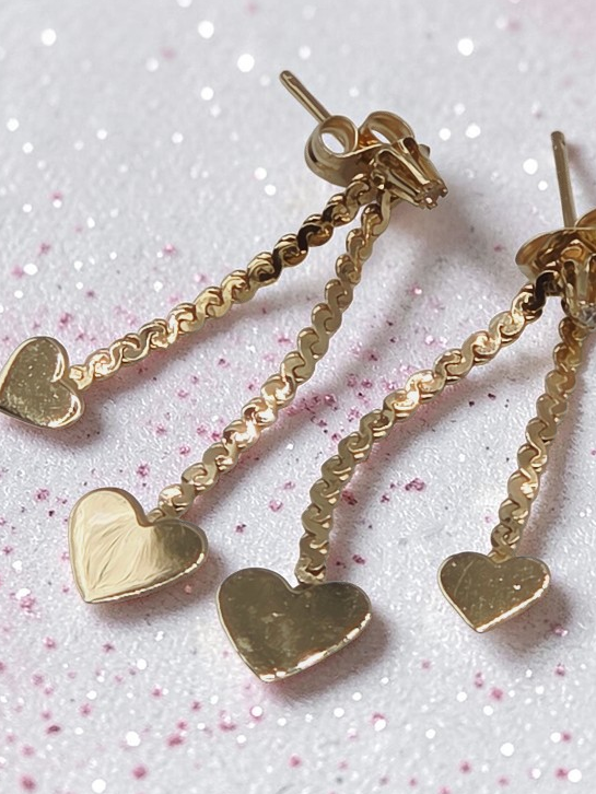 Vintage NABCO Solid 14K Gold Dangle Heart Earrings with White Topaz Accents