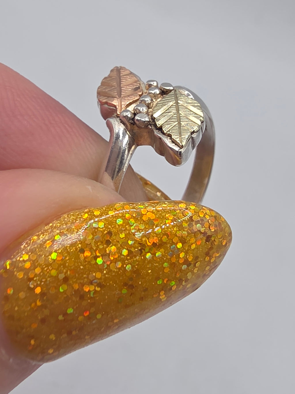 Black Hills Sterling Silver Ring with Solid 12K Gold Leaf Accents - Size 6