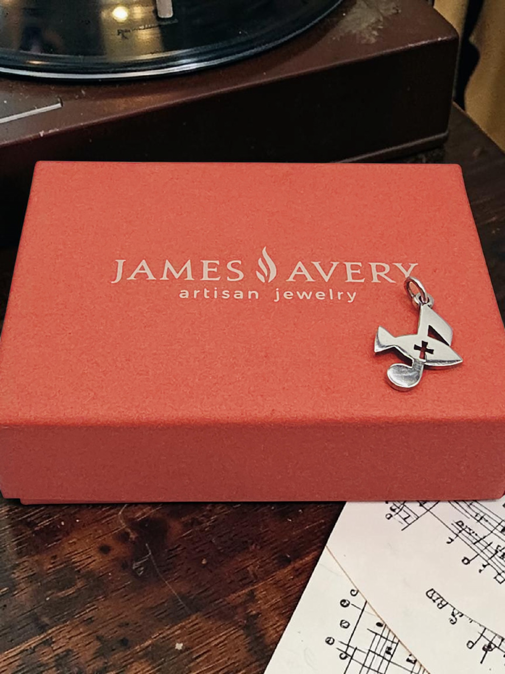 RETIRED James Avery Ichthus Fish Music Note Cross Sterling Silver Charm Pendant on James Avery Box.