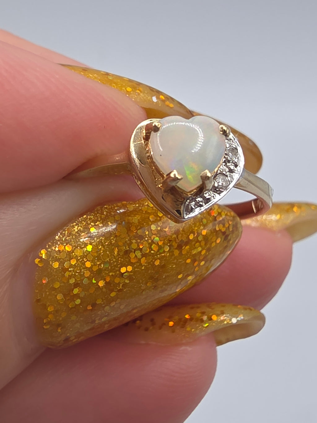 Solid 10K Yellow Gold Heart Cut Opal Ring with Natural Diamond Accents Size 6.25