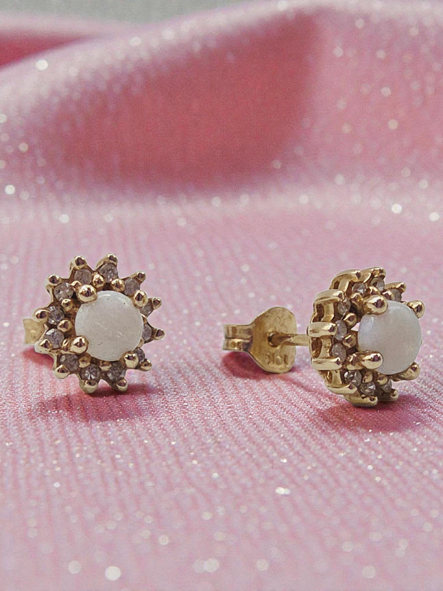 Solid 10K Yellow Gold Opal and Diamond Halo Stud Earrings