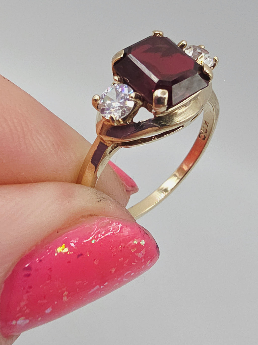 Solid 10K Yellow Gold Ring with Emerald-Cut Ruby & White Topaz Accents – Size 7