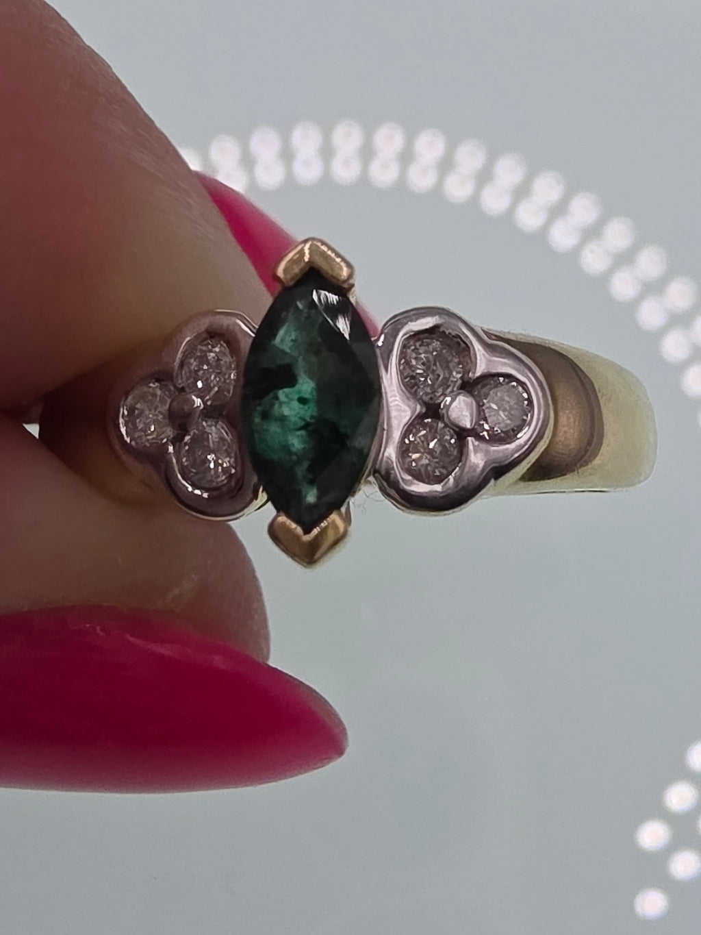 Vintage Black Hills Gold CCO Solid 14K Marquise Emerald Diamond Ring Size 6.75