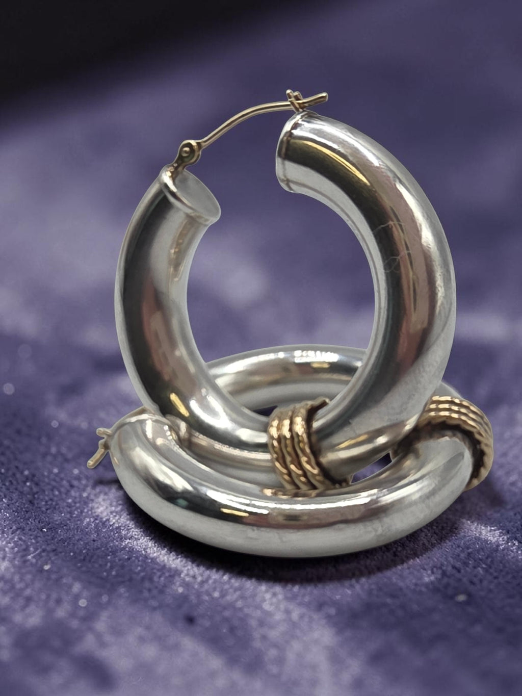 925 Sterling Silver Hoop Earrings with Solid 14K Gold Twisted Rope Accents