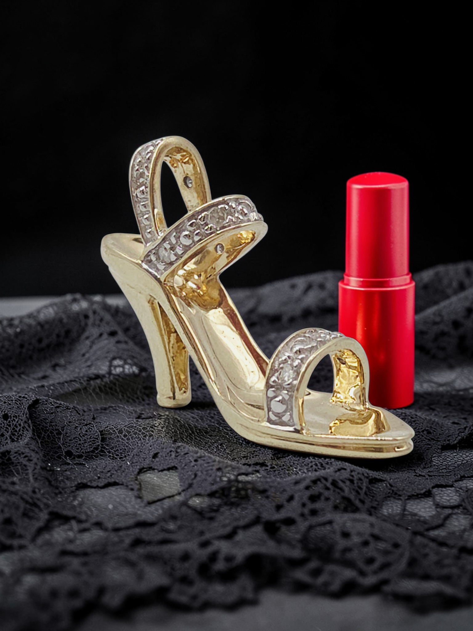 Solid 10K Gold High Heel Stiletto Necklace Pendant with Diamond Accents