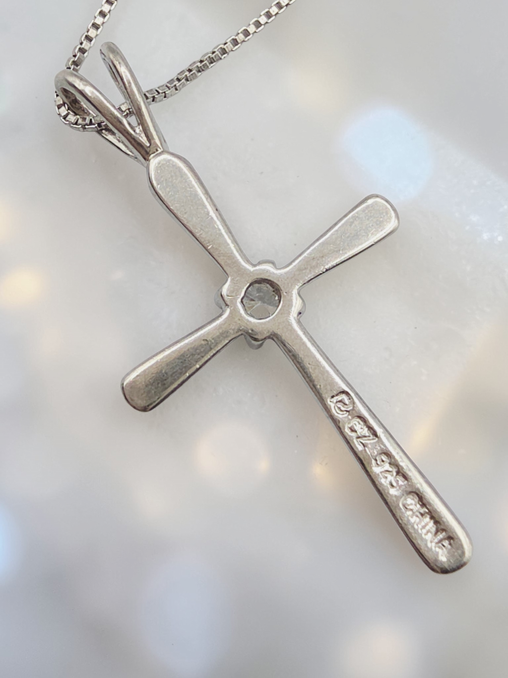 Sterling Silver Cross Pendant Boxchain Necklace with CZ Accent - 20 Inch