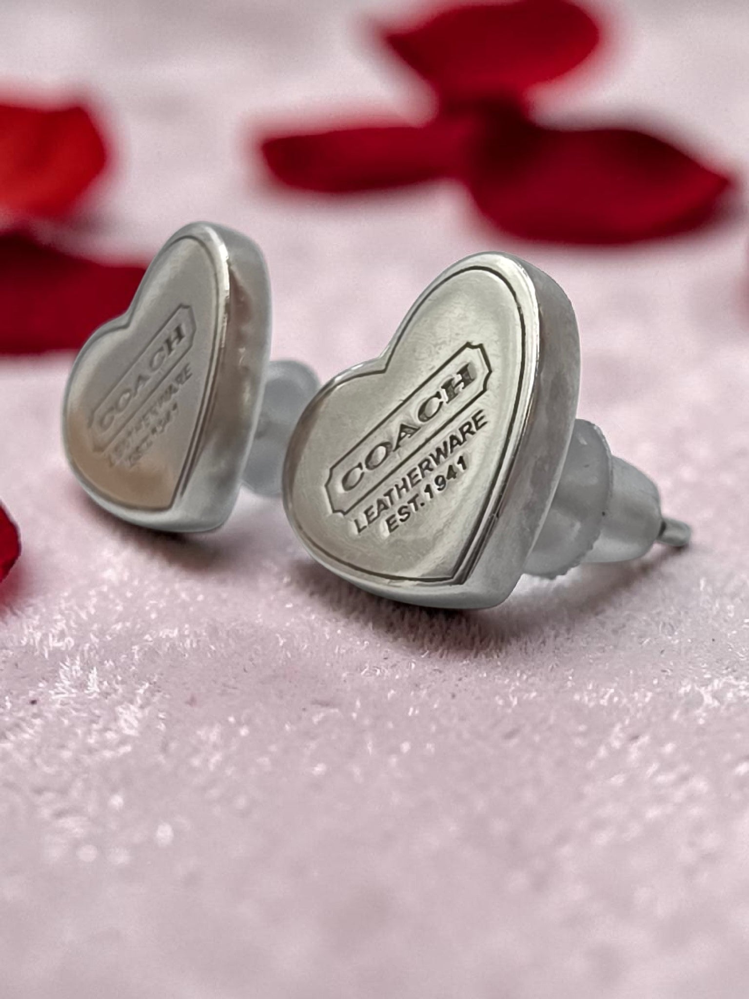 Authentic Rare Vintage Coach Heart Stud Earrings 925 Sterling Silver