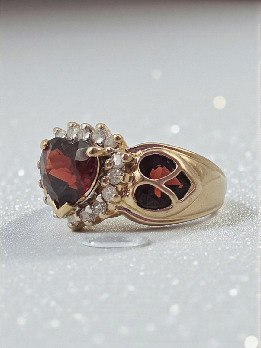 Solid 10K Yellow Gold Ring with Heart Cut Garnet & Diamond Accents - Size 6