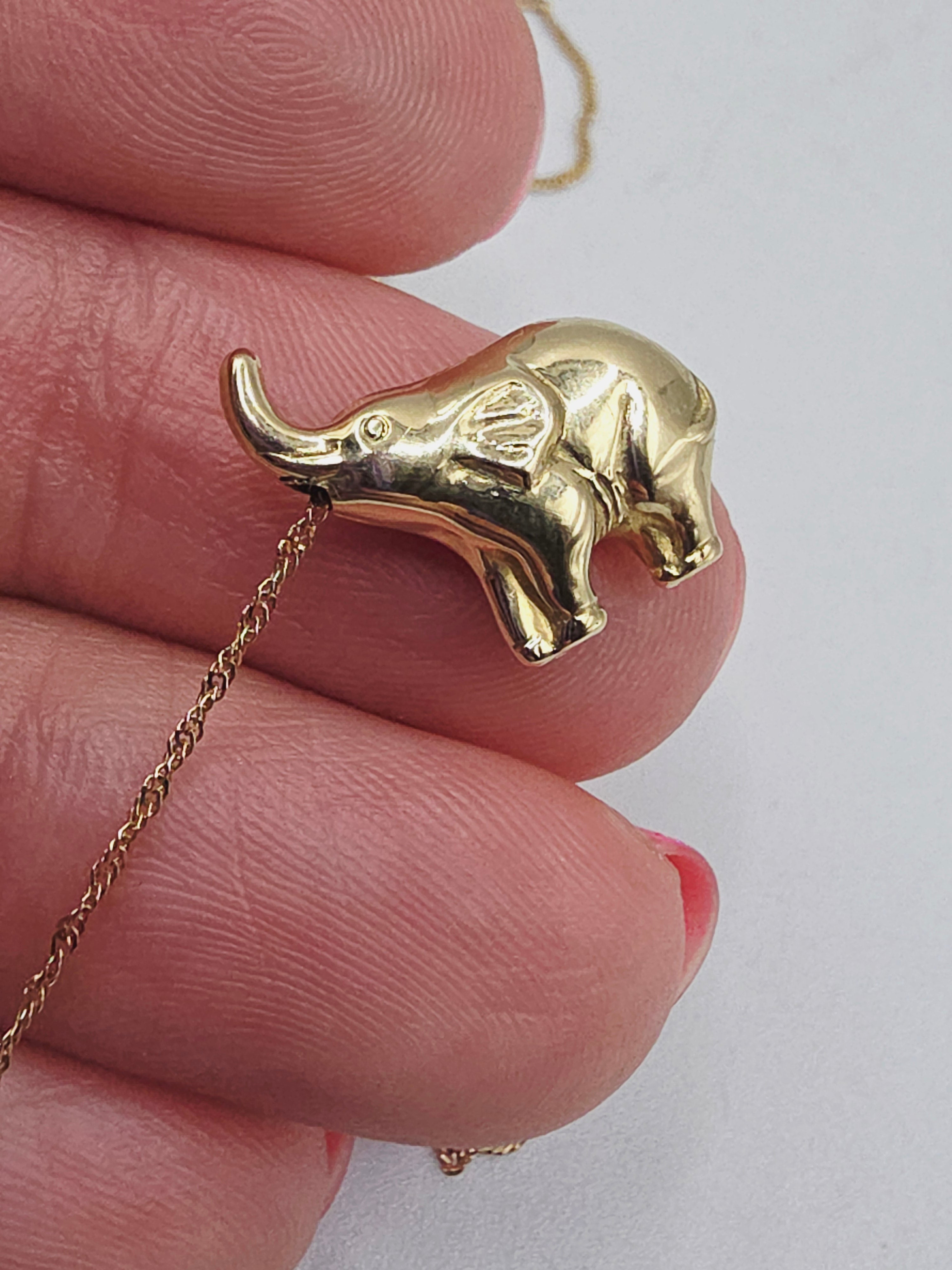 Solid 18K Yellow Gold 3D Elephant Pendant Necklace - 18 Inch - ITALY