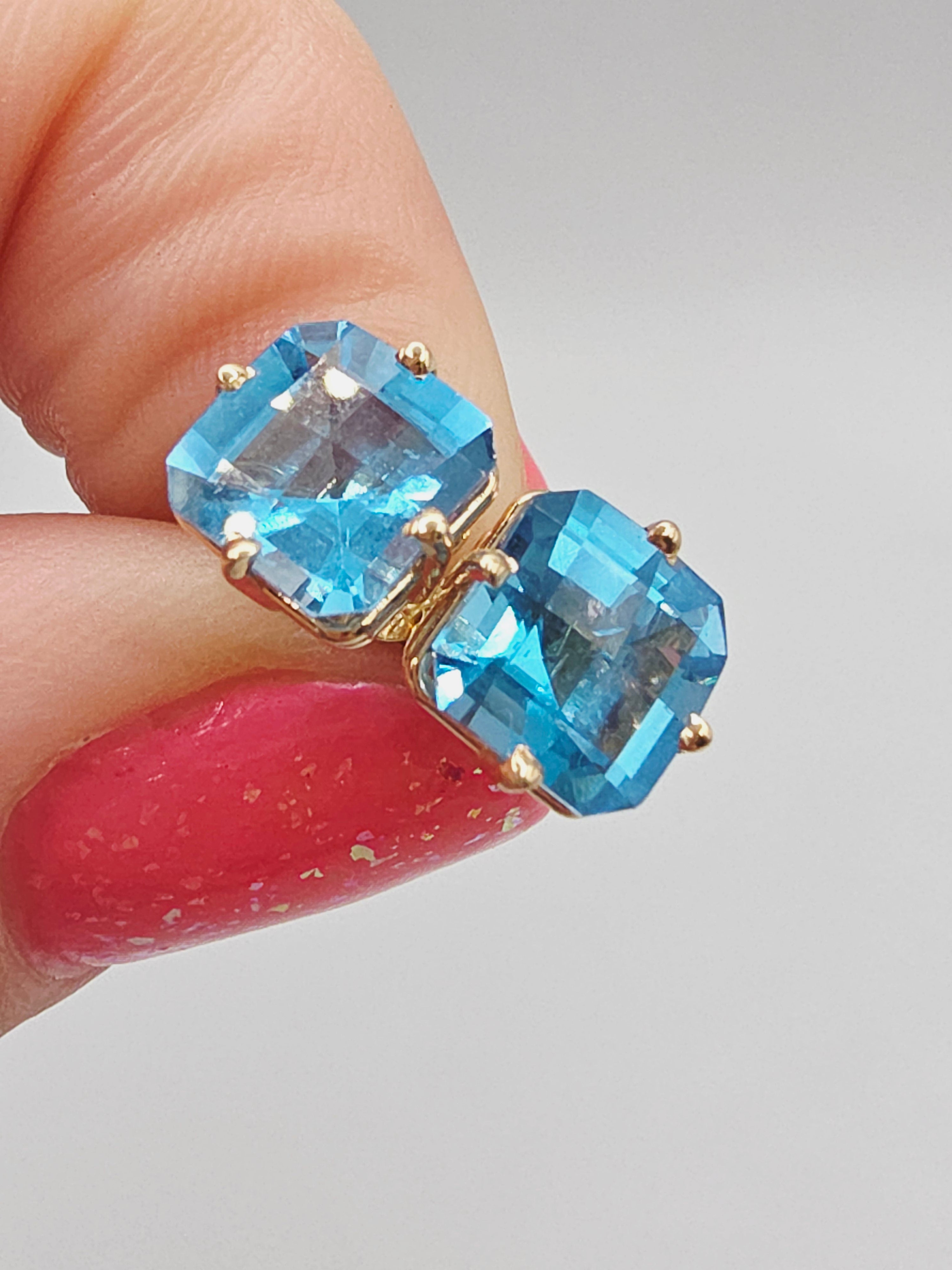 Solid 14K Yellow Gold Cushion Cut Blue Topaz Stud Earrings