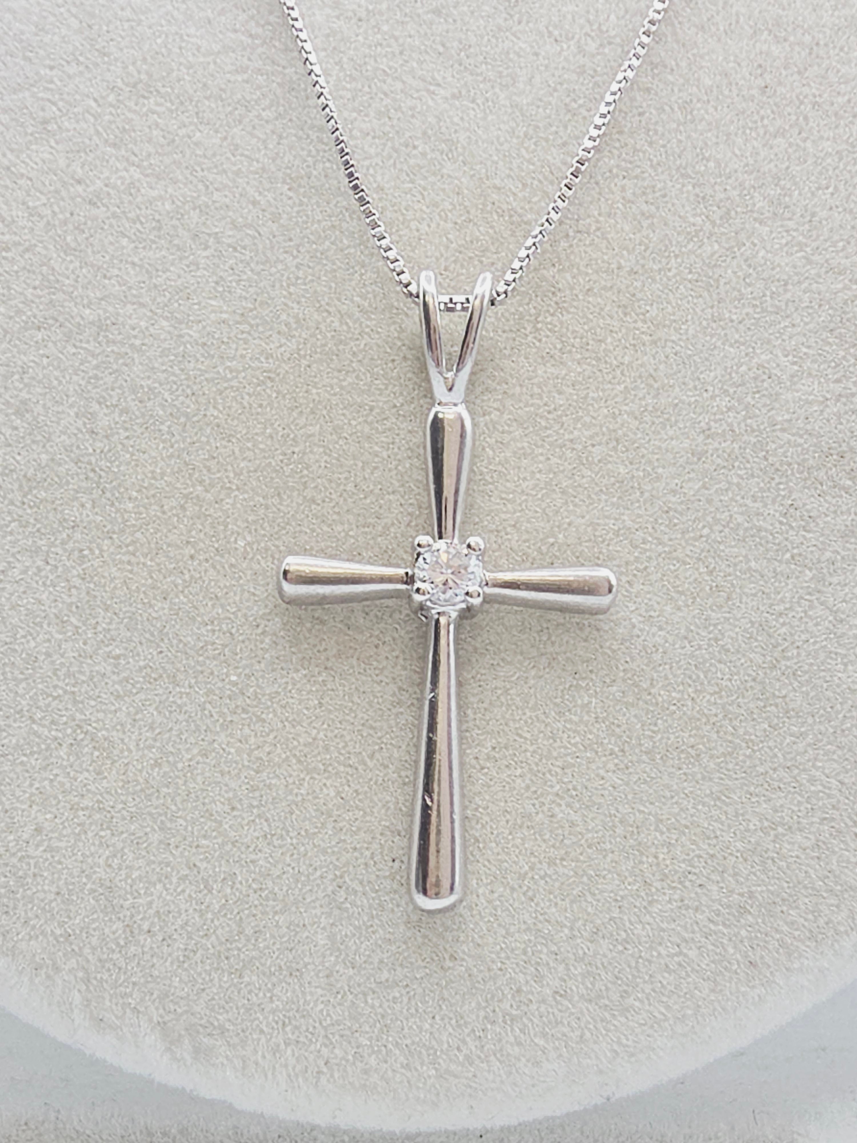 Sterling Silver Cross Pendant Boxchain Necklace with CZ Accent - 20 Inch