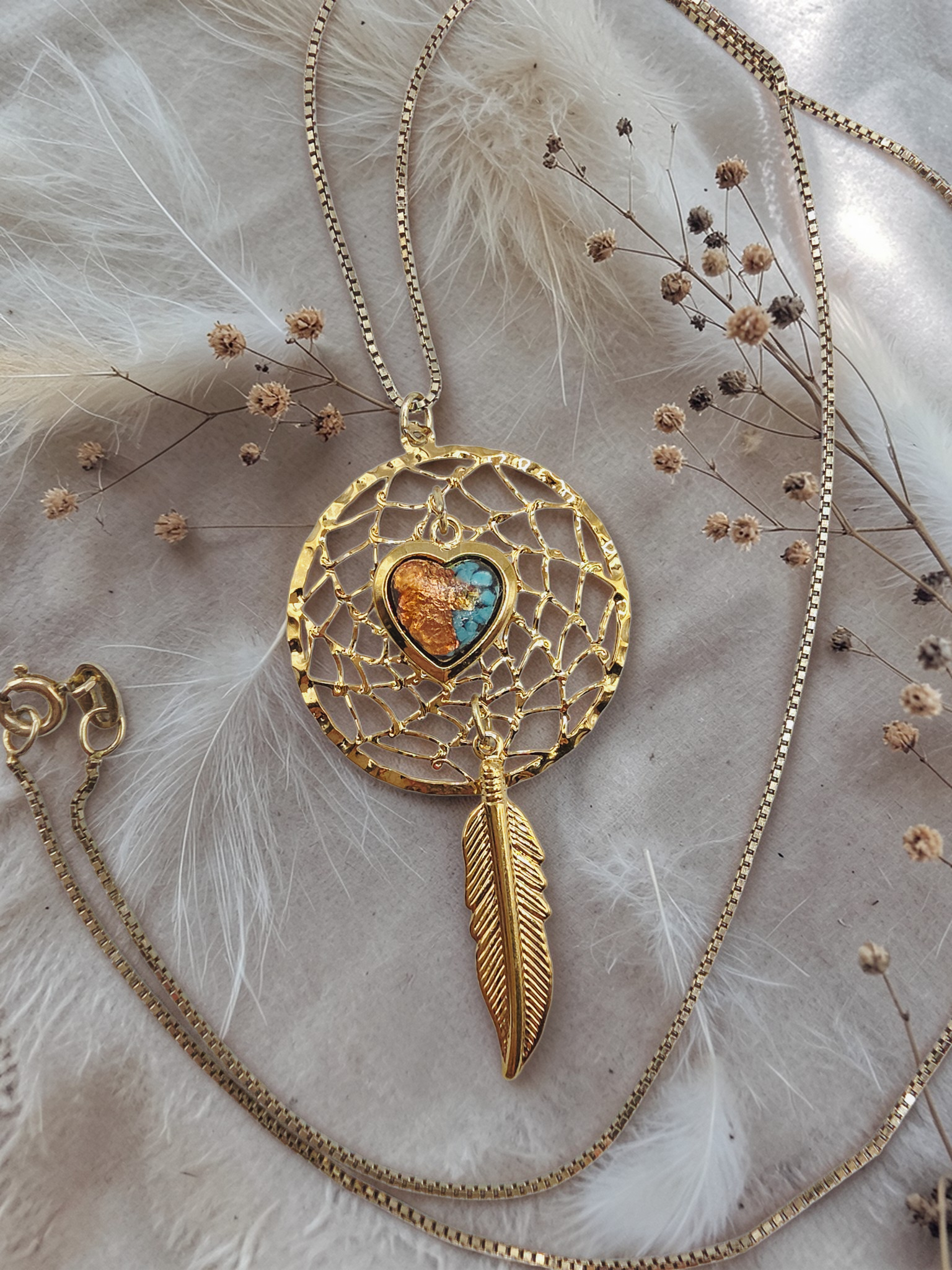 Turquoise Heart Feather Dreamcatcher Pendant with Sterling Silver Italy Necklace