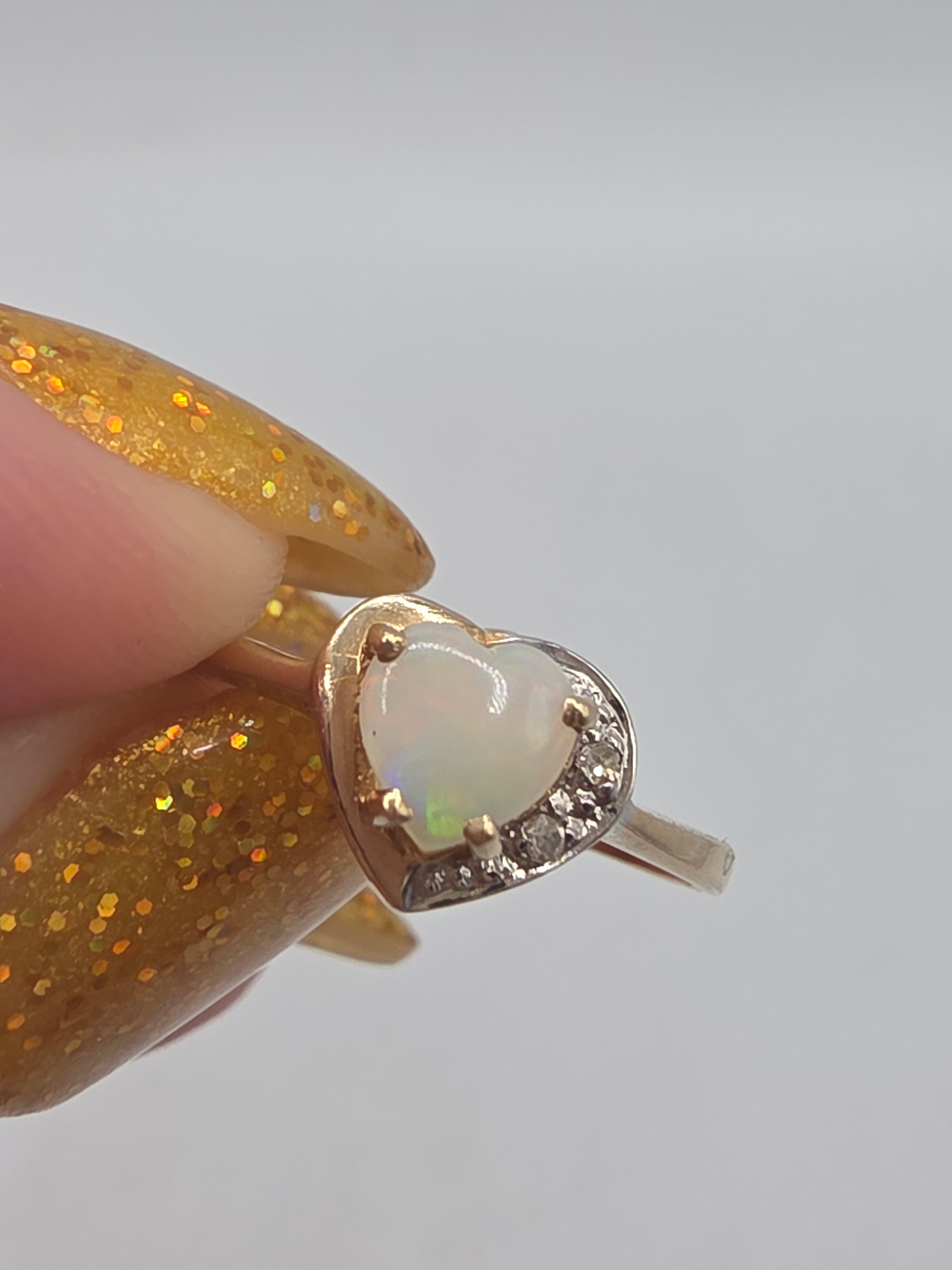 Solid 10K Yellow Gold Heart Cut Opal Ring with Natural Diamond Accents Size 6.25
