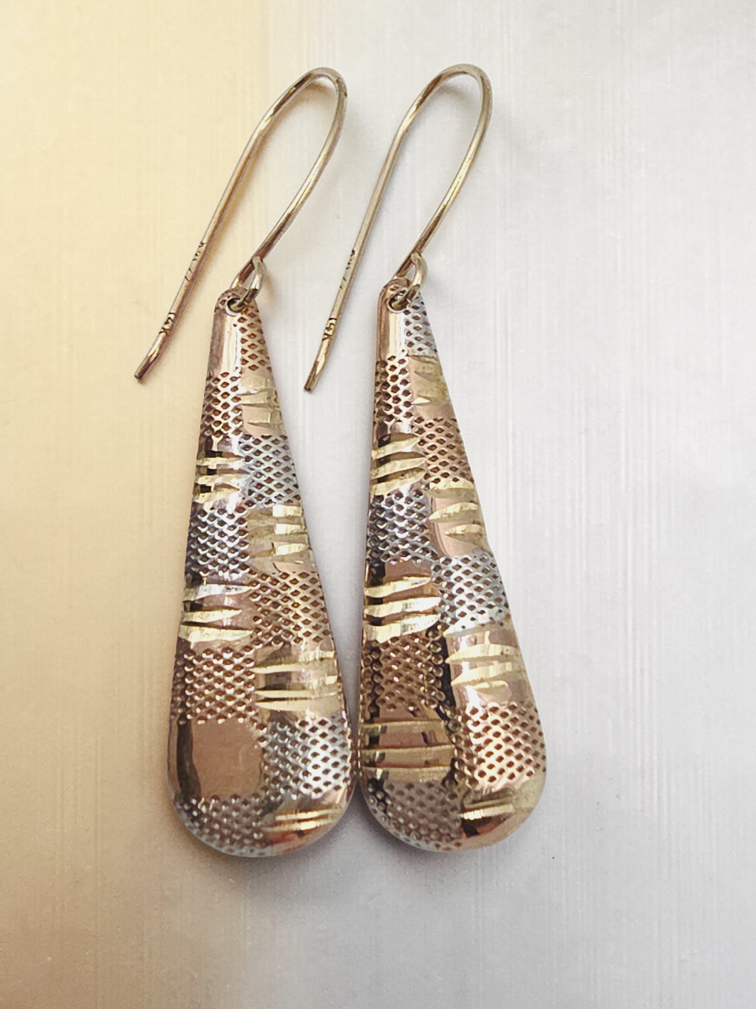 Solid 14K Two Tone Textured Gold Drop Dangle Earrings