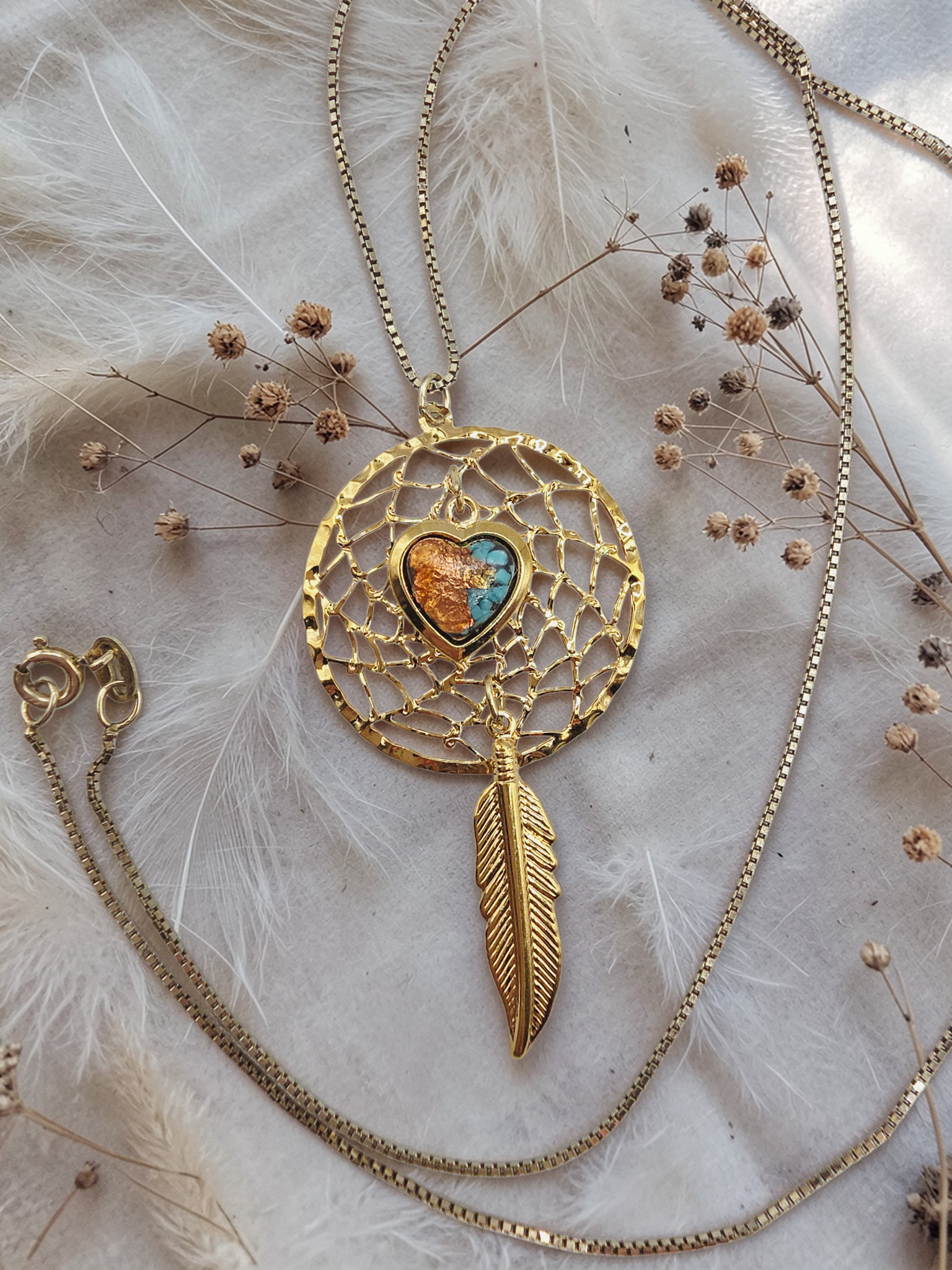 Turquoise Heart Feather Dreamcatcher Pendant with Sterling Silver Italy Necklace
