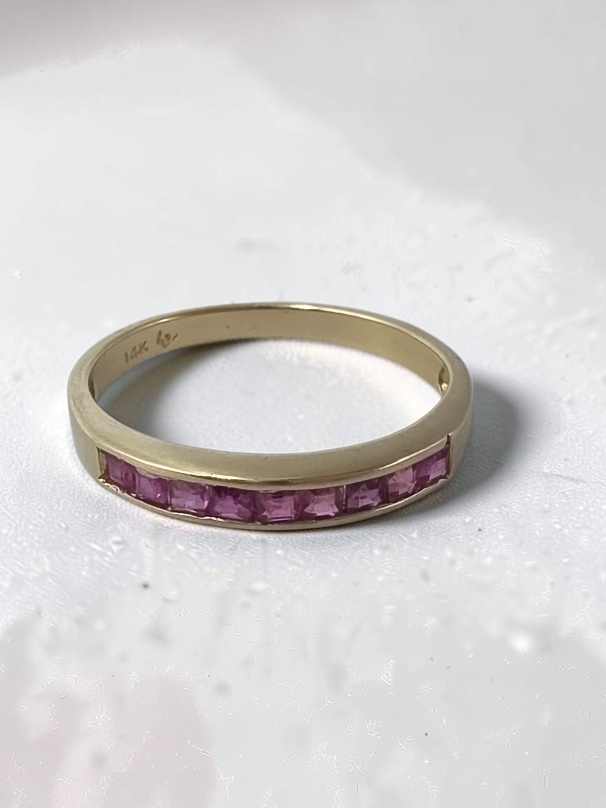 Solid 14K Yellow Gold Square Cut Pink Sapphire Channel Set Band Ring - Size 6