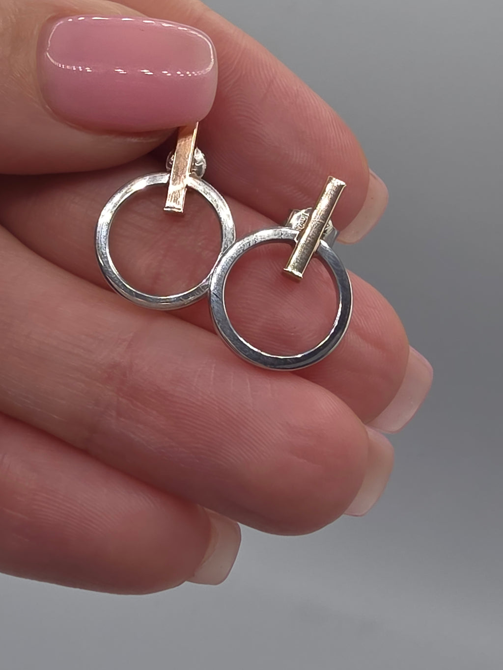 LLJ Lindsey Leigh 14K White Rose Gold Bar Circle Geometric Stud Earrings Italy