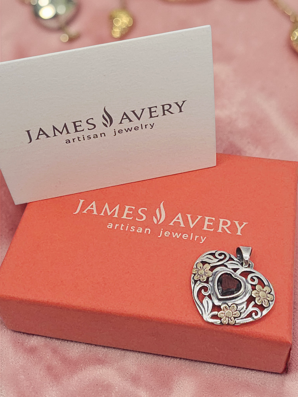 RETIRED James Avery Sterling Silver Garnet Heart Pendant with Solid 14K Flowers