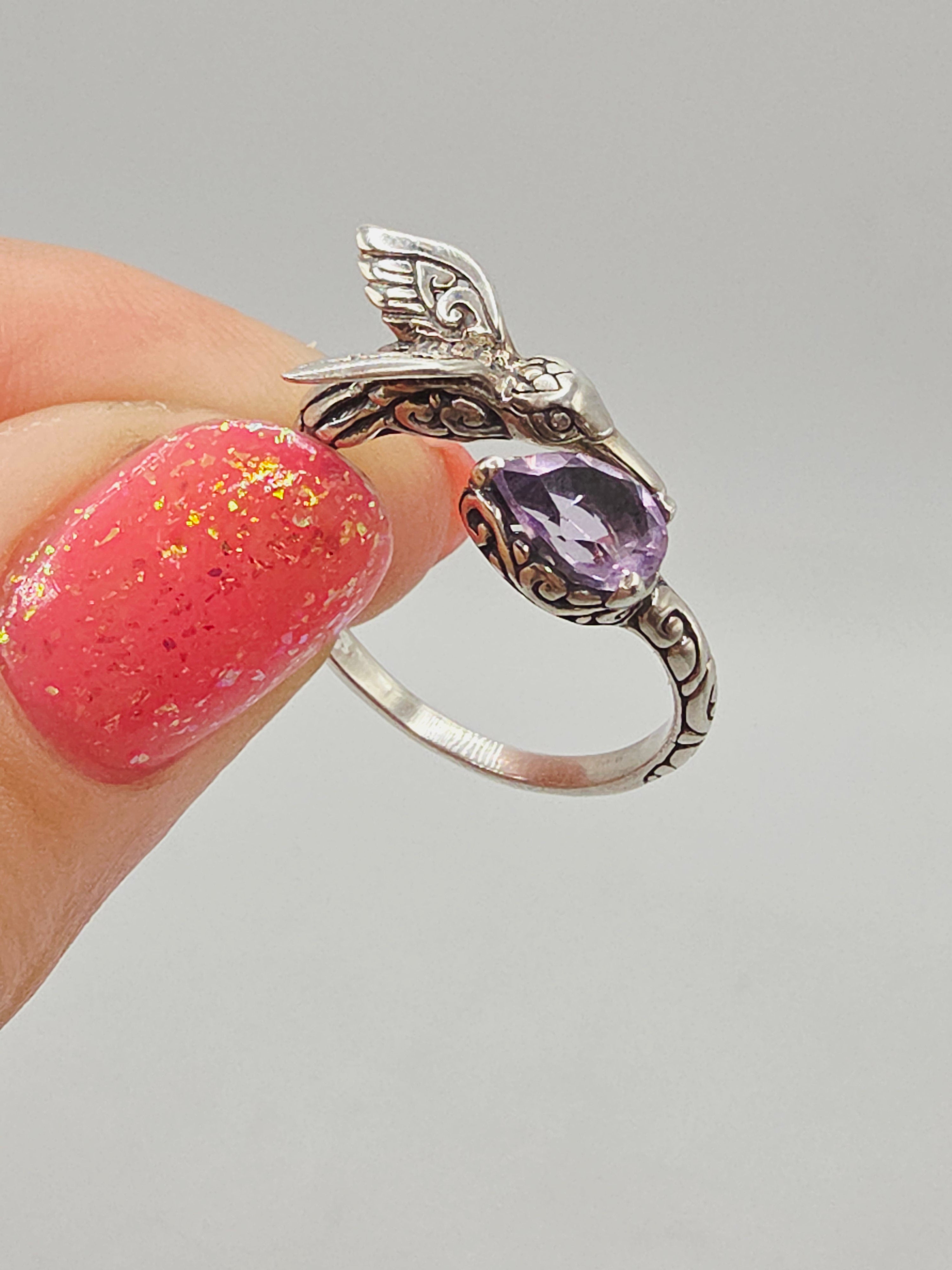 925 Sterling Silver Ring with Pear Cut Amethyst & Hummingbird - Size 8