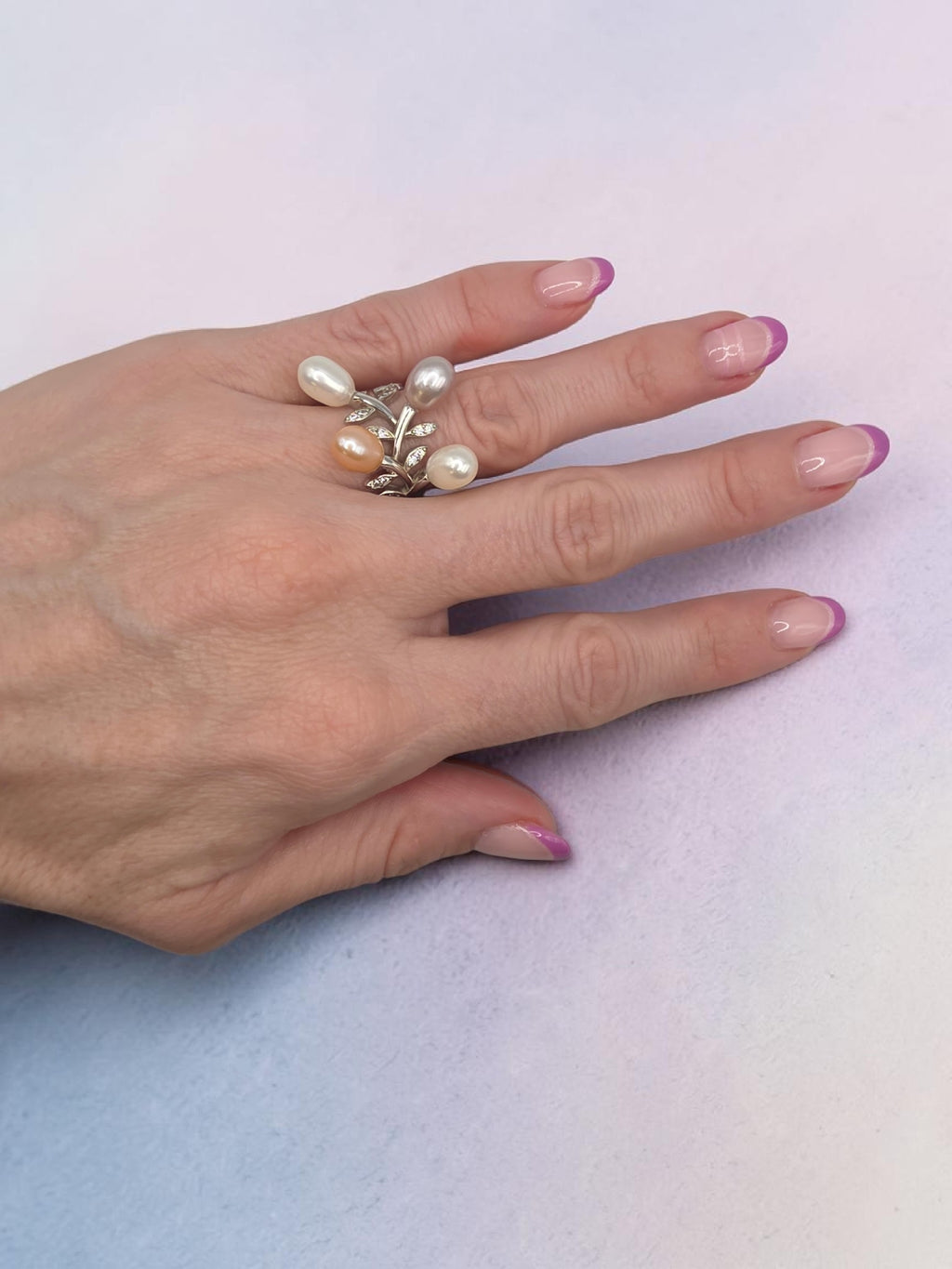 925 Sterling Silver Multi Color Pearl Floral Ring with CZ Leaf Accents - Size 6