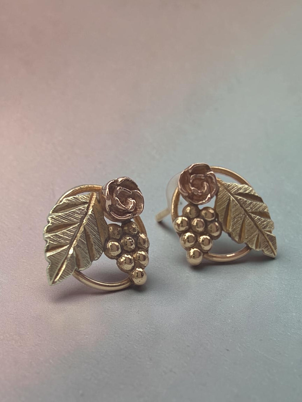 Black Hills Gold Solid 10K Tri Color Grape Leaf Rose Stud Earrings CCO