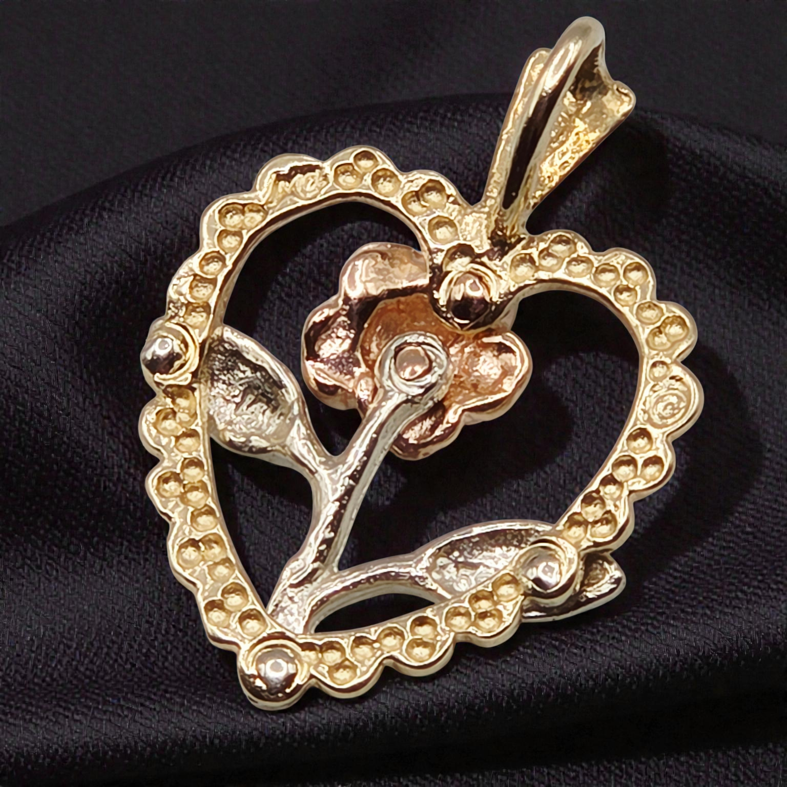 Black Hills Solid 14K Tri-Color Gold Rose in Heart Necklace Pendant