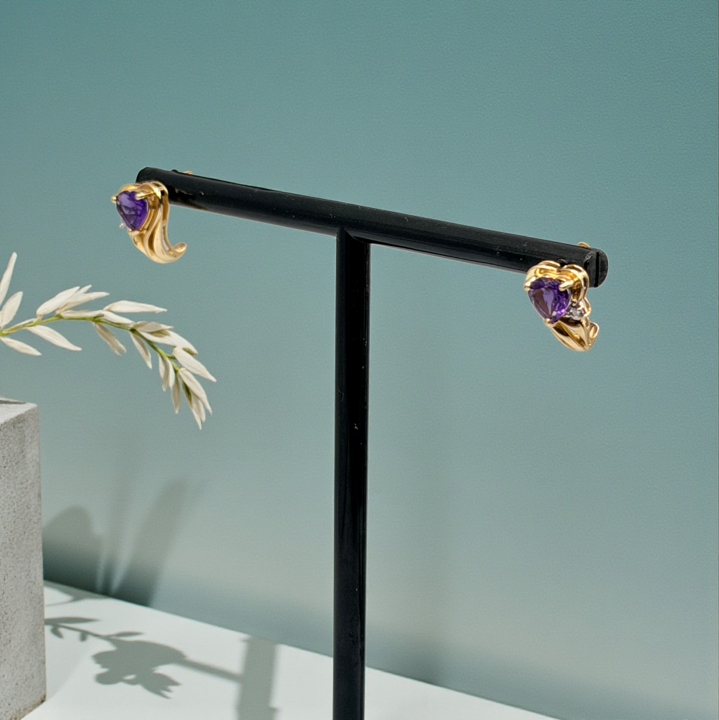 Solid 10K Yellow Gold Stud Earrings with Heart Cut Amethysts