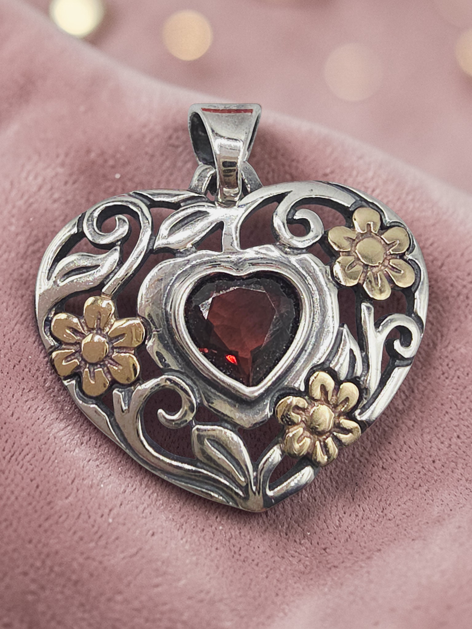 RETIRED James Avery Sterling Silver Garnet Heart Pendant with Solid 14K Flowers